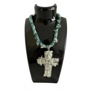 Crystal Cross Pendant Necklace with Mint Green Cord w Beaded Crystal Twist